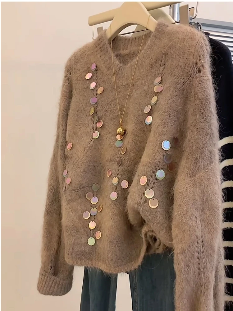 스팽글 여성 니트 스웨터 헤비 인더스트리 디자인 레이지 슬레 레트로 소프트 라운드 넥 스위트 슬레 겨울 2024