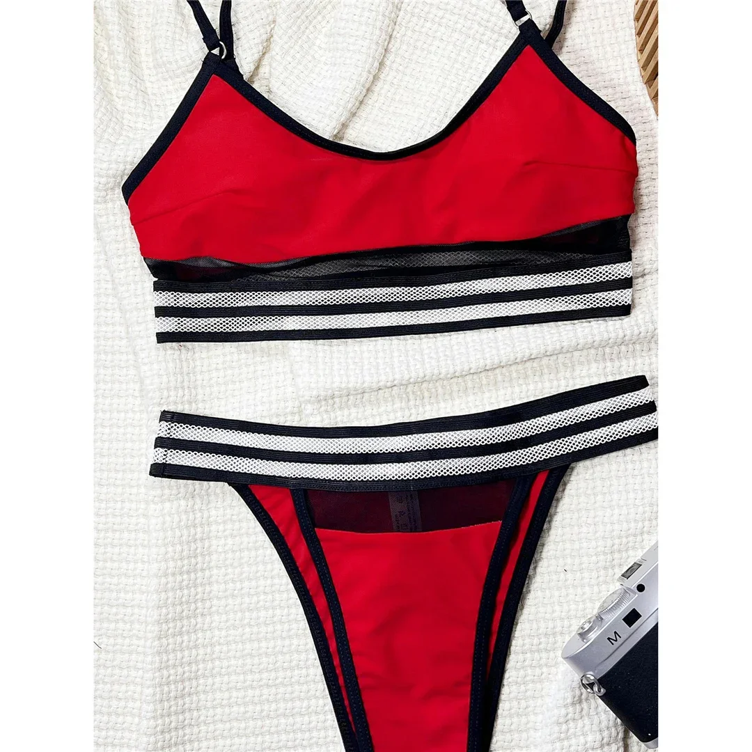 2025 alta corte de duas peças biquinis maiô feminino banho emenda malha sheer bikini conjunto verão praia maiô natação wear
