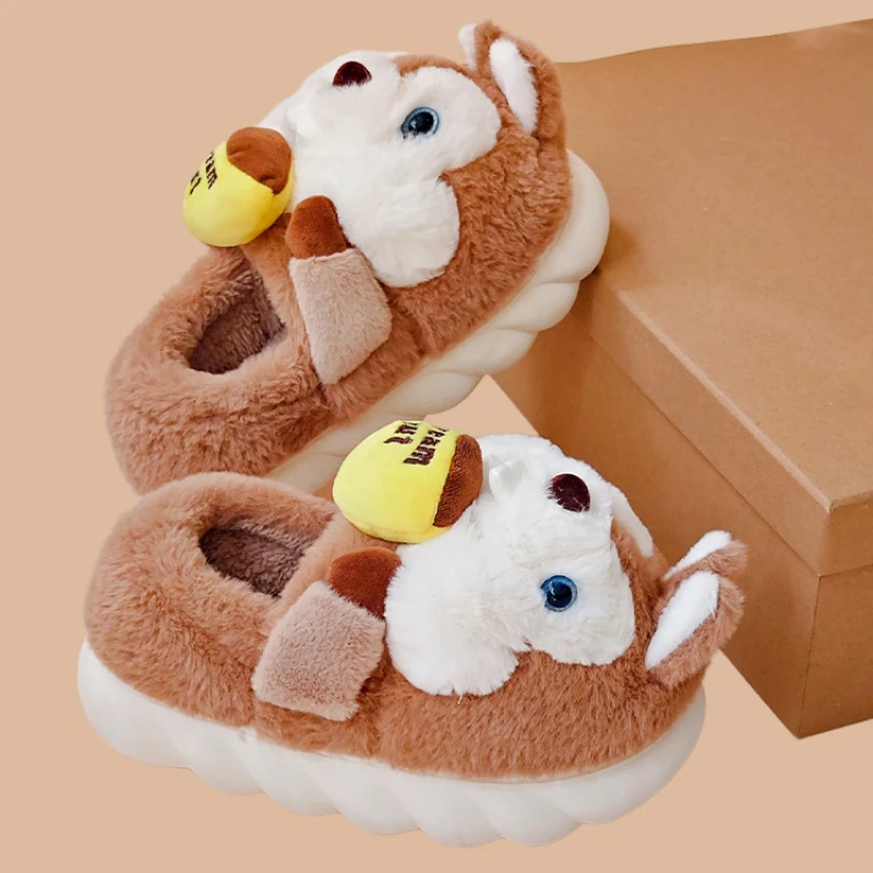 Squirrel Women Cotton Slippers Winter Warm Shoes Lining Plush Indoor Couple Slides Platform High Top Snow Boot Kids Home Slipper