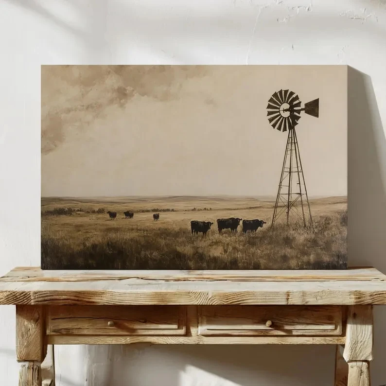 Retro Western Prairie Cattle And Windmill Wall Art Print Canvas Painting Poster Picture For Living Room,Bedroom Home Decor