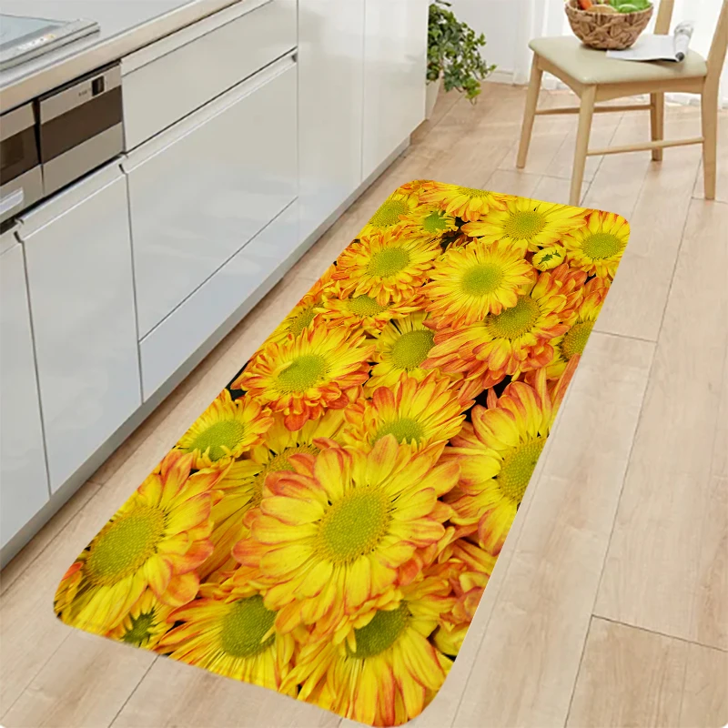 

Floral Print Bedroom Rug Entrance Simple Anti-slip Flannel Bath Living Room Hallway Floor Mats Carpet Bedside Foot Mats