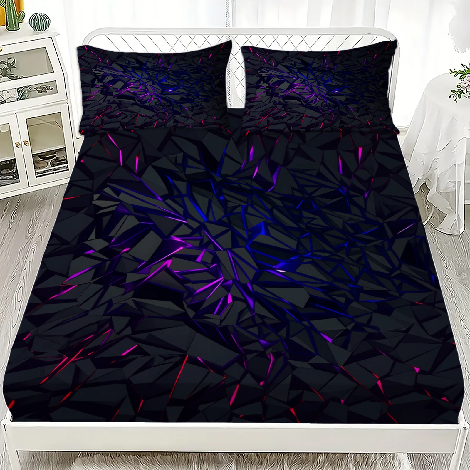 

3pcs Geometric Abstract Pattern Fitted Sheet Sets 3D Printed Purple Black Flat Sheet With Pillowcases No Filling Cool Style
