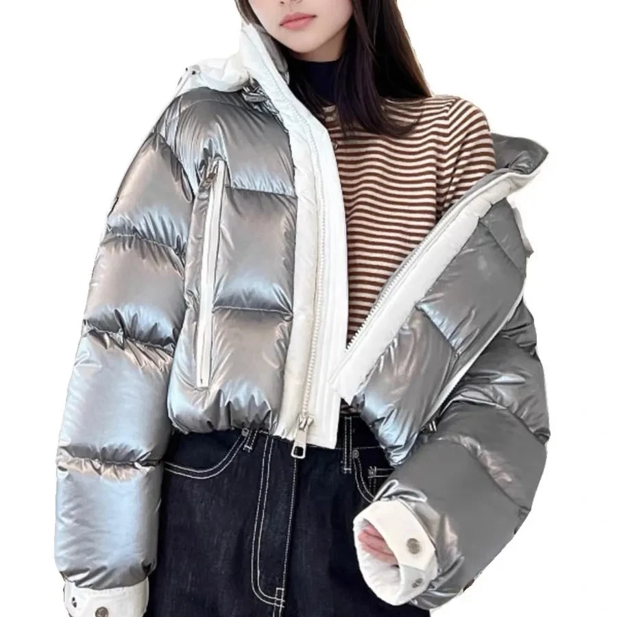 

Machine Washable Silver Puffer Jacket 2025 Detachable Hood Short Quilted Coat Trendy Thick Bomber Style Parka​