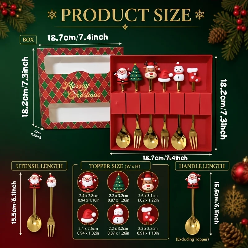 6Pcs Festive Christmas Spoon Fork Set with Gift Box,Golden Stainless Steel Coffee Tea Dessert Cutlery,Christmas Gift for Holiday view 3