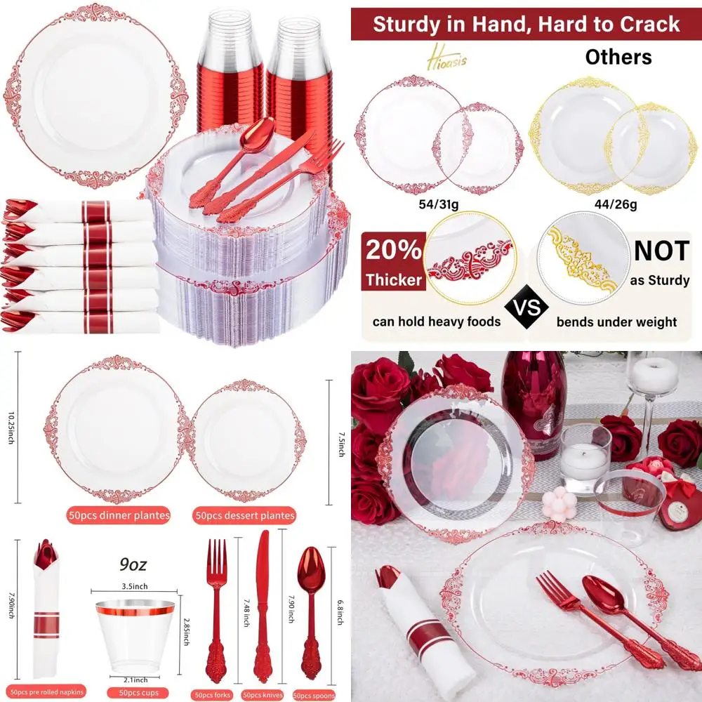 

Clear Plastic Plates 350pcs Red Elegant Disposable Dinnerware Set for 50 Guests Including 10.25 Dinner and 7.5 Dessert Plates