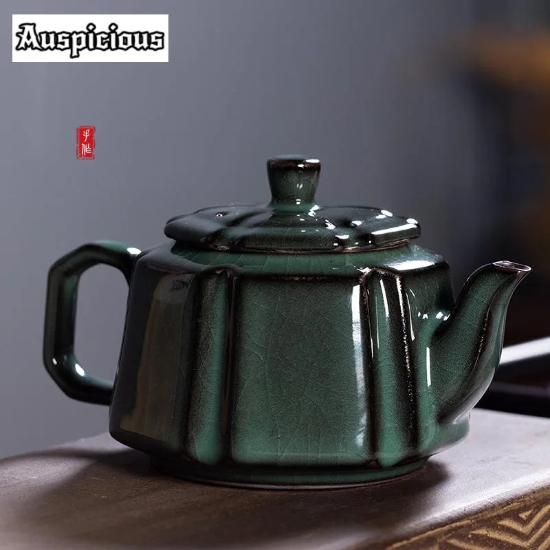 

.265ml Handmade Ge Kiln Ice Cracked Teapot Longquan Celadon Iron Body Palace Lamp Pot Tea Making Kettle Chinese Tea Set Crafts