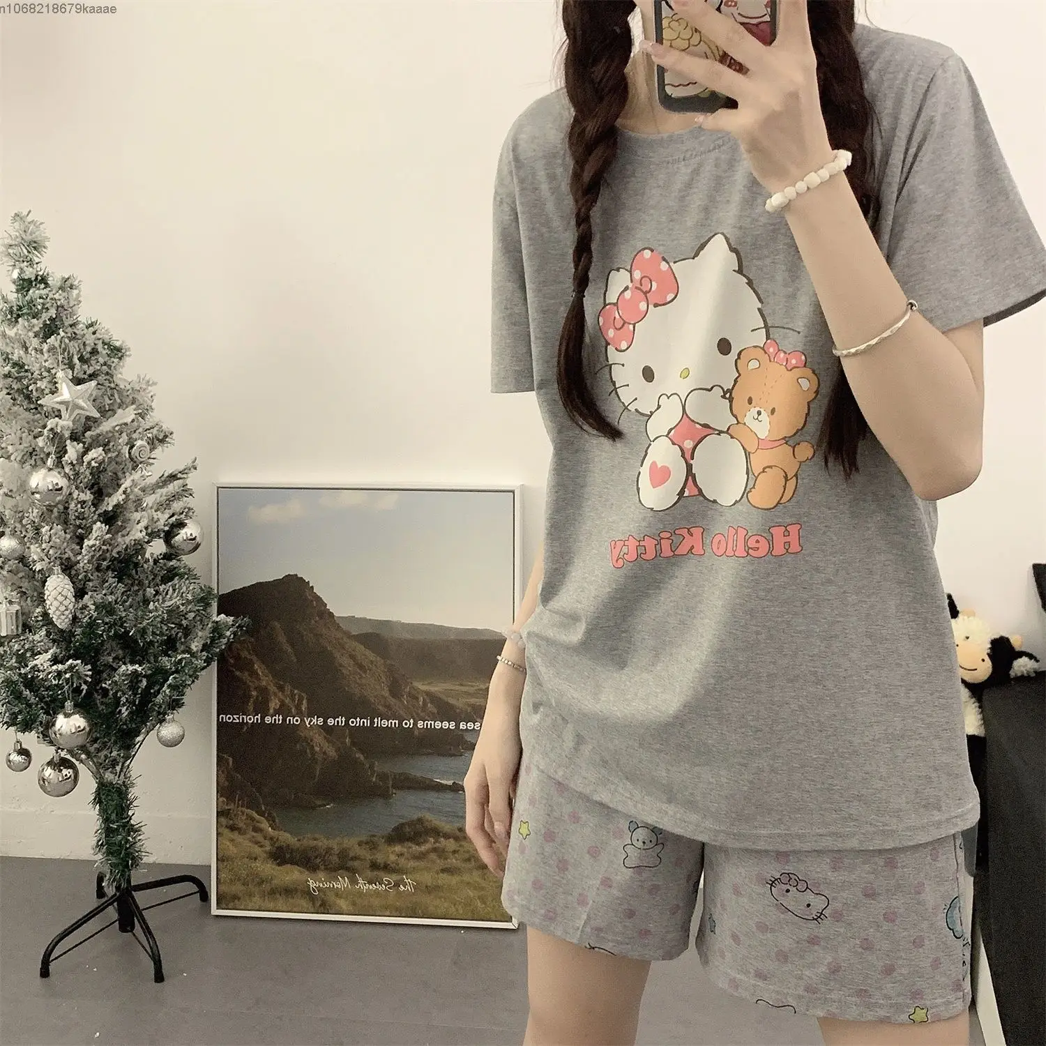 Sanrio Hello Kitty Cotton Home Clothes Cute Women Short Sleeve T-shirts Loose Shorts Summer Pajamas 2 Piece Set Y2k Sleepwear