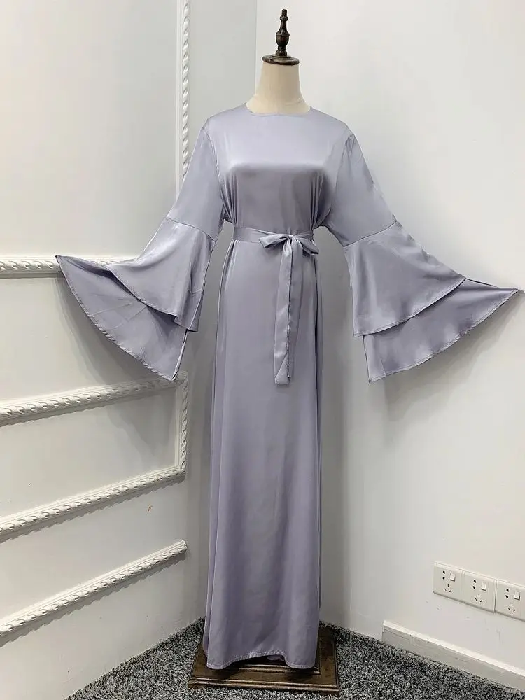 Ramadan Eid Gray Satin Abaya Damen Dubai Islam Muslim Women Dresses Kebaya Kaftan Robe Vestidos Musulmanes Caftan Marocain Femme