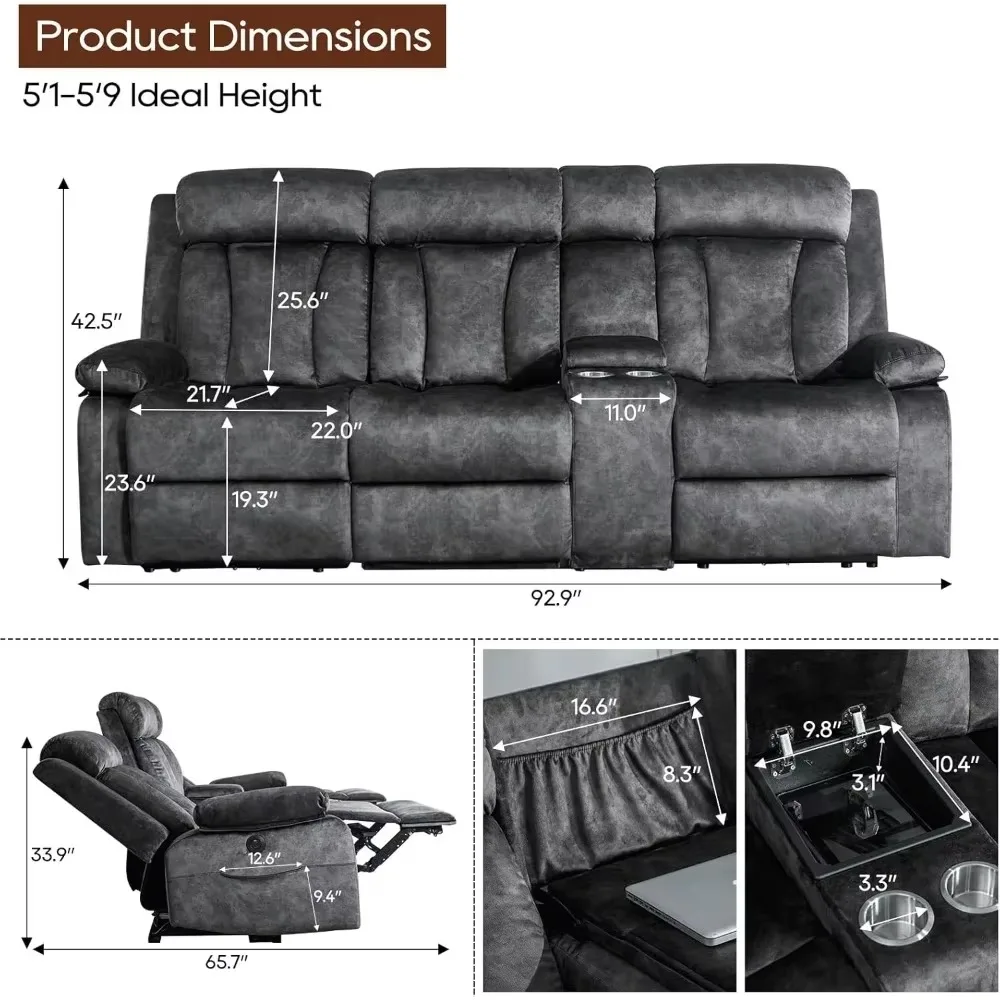 3 Seater Recliner Sofa with Console Power, Heat and Massage, Cup Holders, USB & Type-C Charge Ports, Reclining Loveseat Sofa