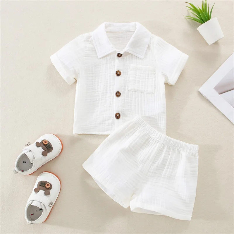 Conjunto de ropa suave para bebé, traje informal de verano para niño pequeño, camisa de manga corta con botones y solapa, pantalones cortos, Color