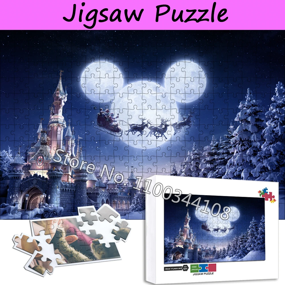 

Disney Castle Jigsaw Puzzles Christmas Gift Mickey Mouse Moon Santa Claus wooden Puzzle Children's Handmade Toys Family Games