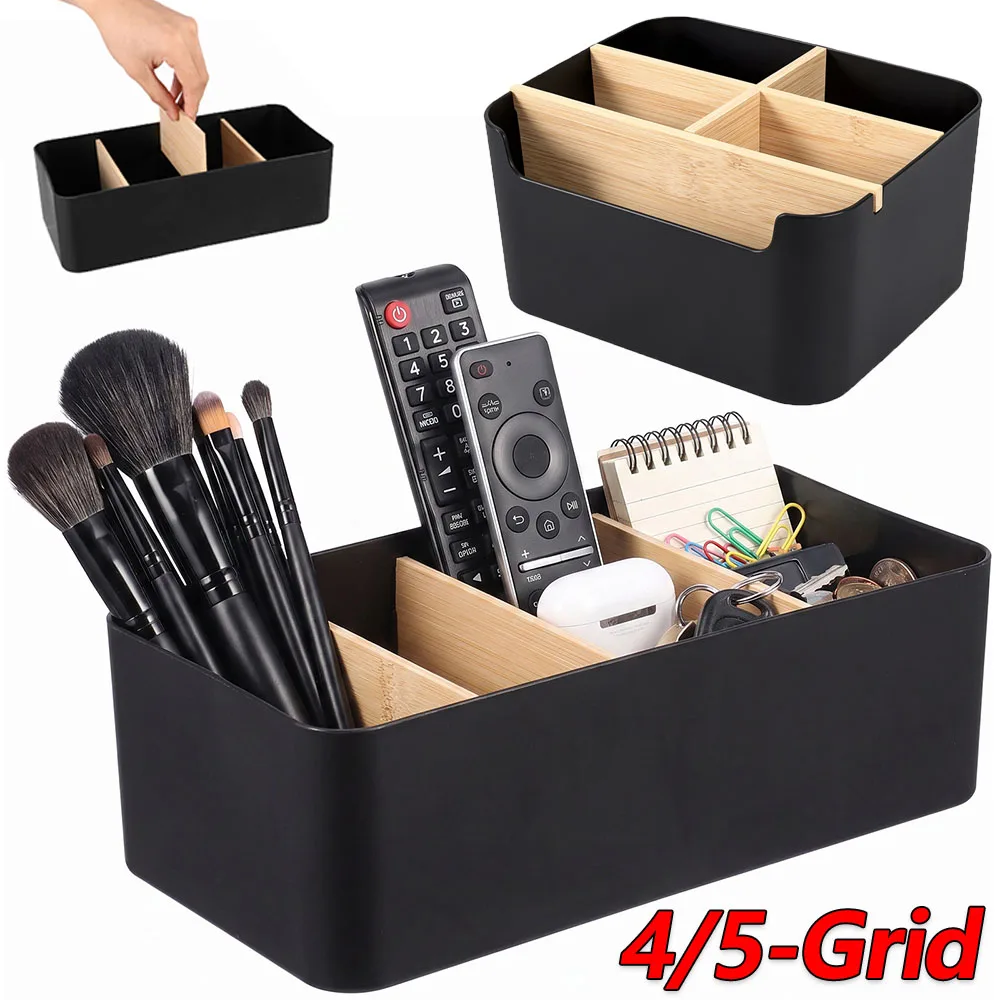4/5Grid Desktop Organizer Bedside Cabinet Storage Box with Detachable Bamboo Divider Desktop Pen Holder Remote Control Organizer