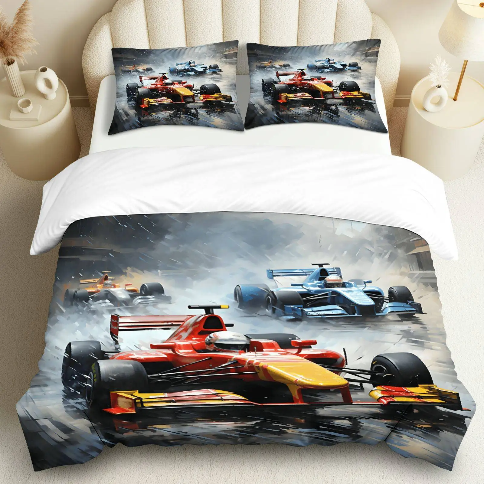 

3PCS Duvet Cover, 1 Duvet+2 Pillowcases(Without filler), Racing Cars Design Suitable for Bedroom and Living Room Decoration.