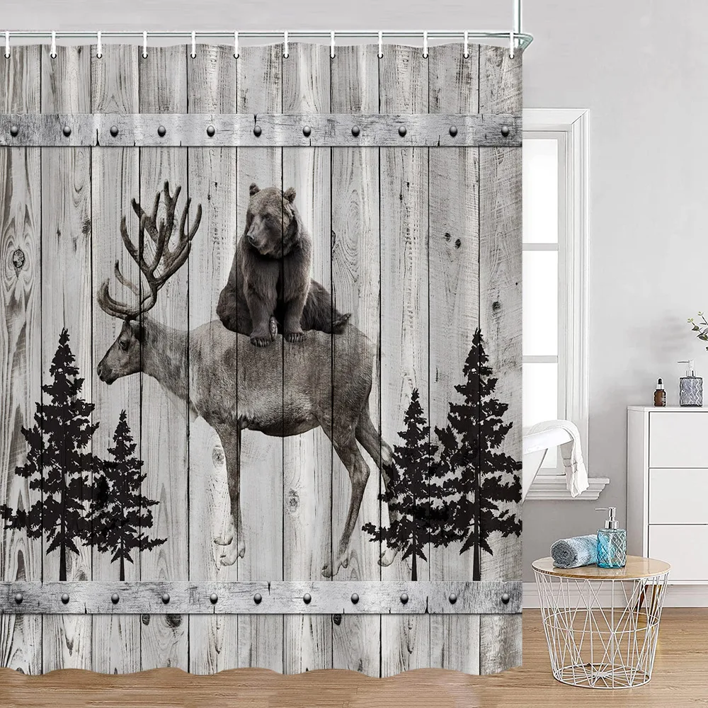 

Забавные шторы для душа с медведем для купания, деревянные доски с узором, тканевые украшения для ванной комнаты, силуэт с медведем, деревенская занавеска для ванной с крючками