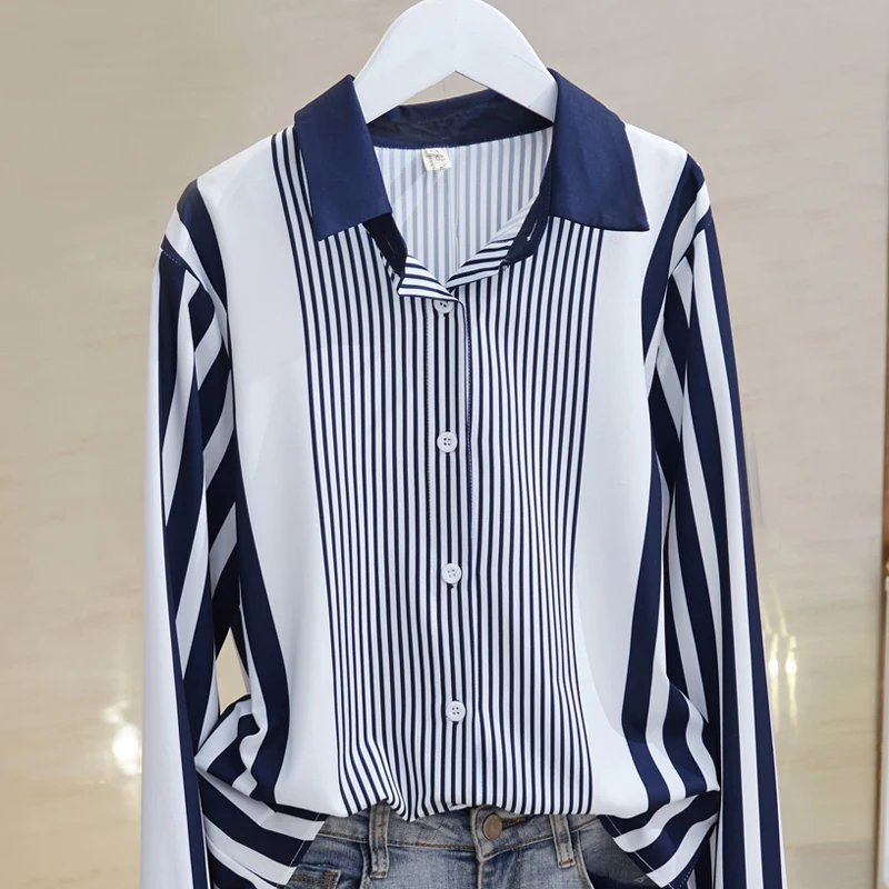 Chiffon Blouse Women Stripe Long Sleeve Shirts for Women 2024 New Elegant Button Up Shirt Womens Tops OL Vintage Female Clothing