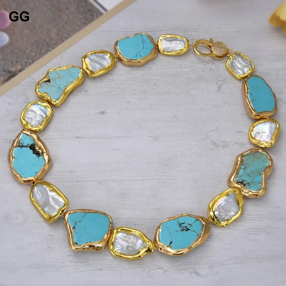 

GG Natural Cultured White Keshi Pearl Blue Turquoise Slice Gold Edge Plated Necklace 20" Lady Jewelry