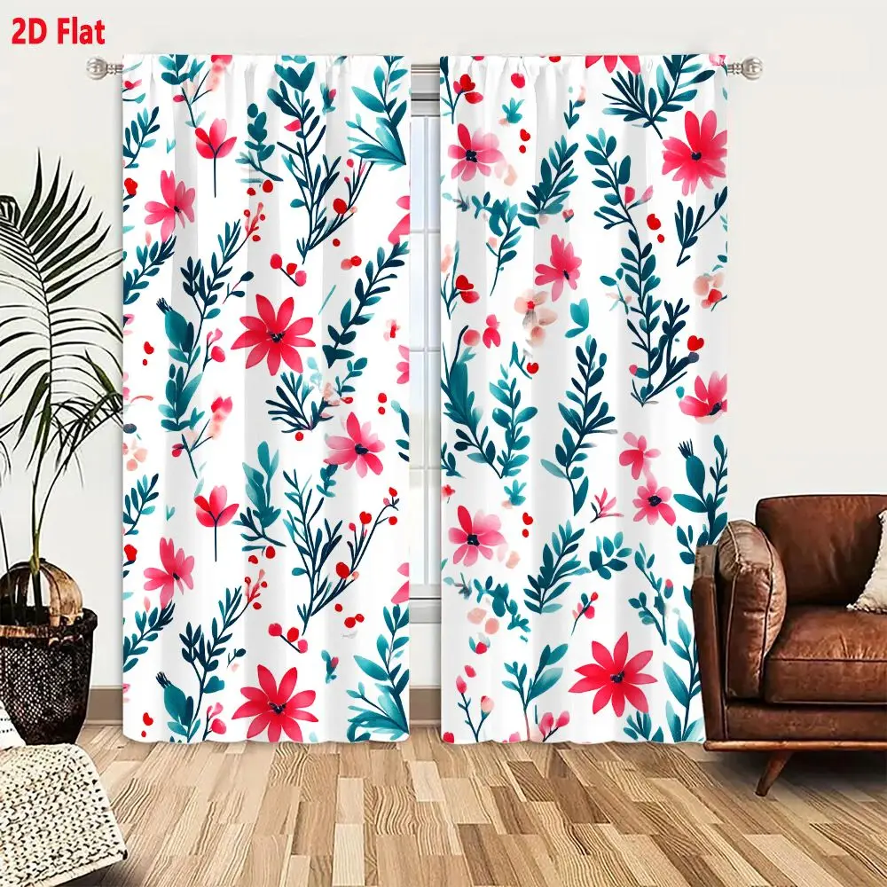 2Pcs Curtains 2D Flat Seamless Floral Pattern With Pink Flowers Teal Leaves And Red Berries On White Background Window Drapes fo