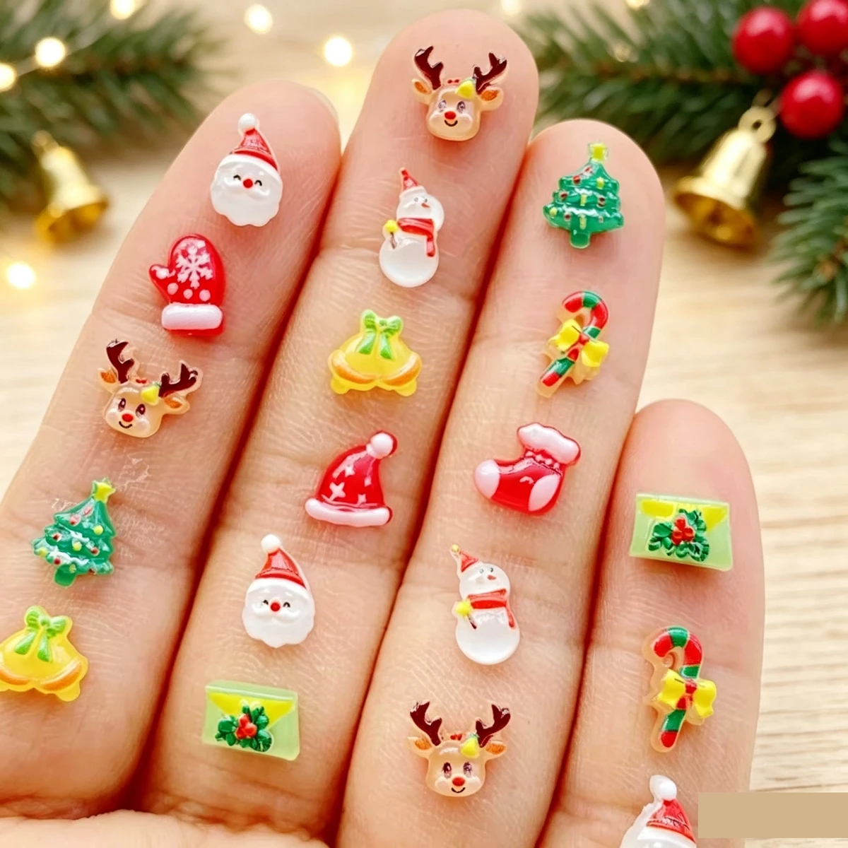 125pcs Resin Mini Santa Claus Snowman Christmas Tree Deer Bell, crutch Flat back Nails Art Decor DIY Scrapbook Accessories