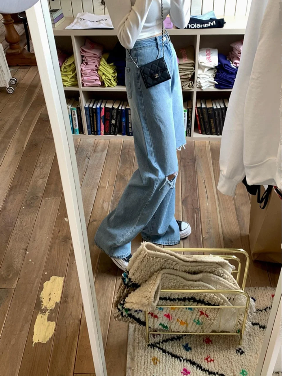 

Свободные женские джинсы с талией в стиле ретро и большими отверстиями, прямые брюки с дизайном Sense Brued, потертые длинные брюки, повседневная мода