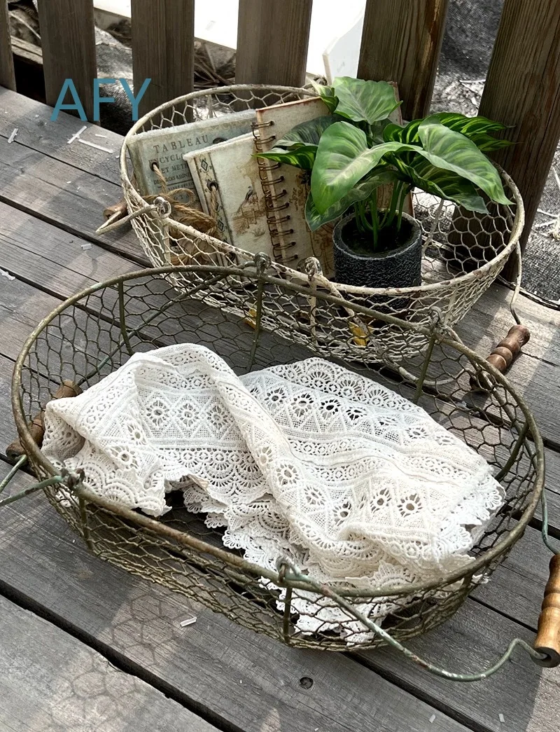 French Country Wire Basket for Rustic Farmhouse Decor Storage Organizer Tray for Vintage Home Kitchen Living Room Bedroom