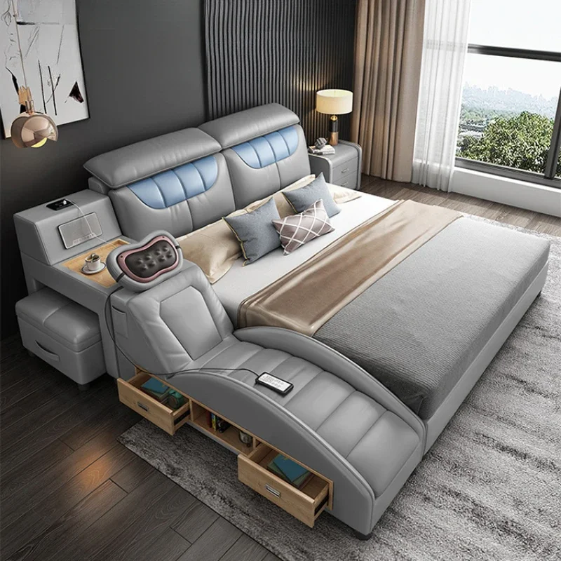 

Elegant Modern House Double Bed Luxury Leather Massager Storage Italian Bed Multifunctional Villa Cama De Casal Bedroom Set