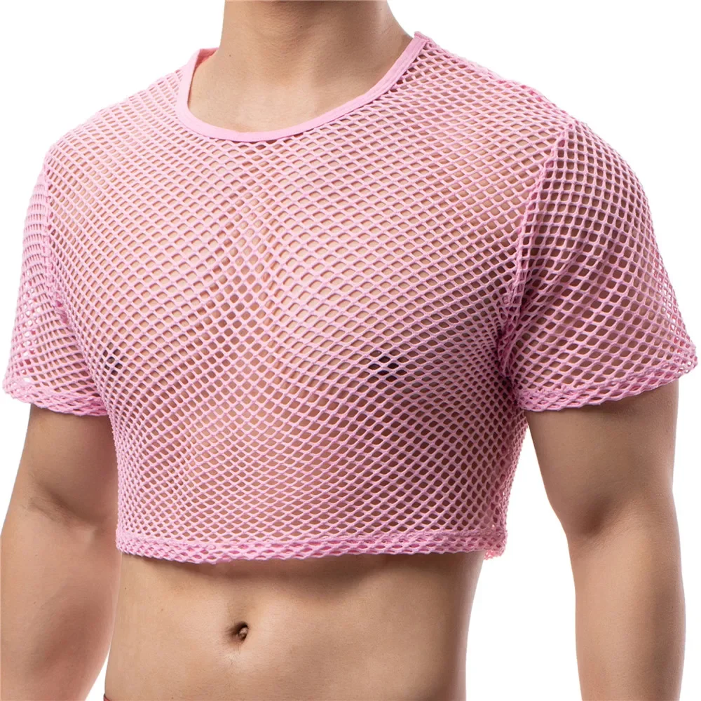 Sexy Mens Undershirts Transparent Mesh Crop Tops Fishnet Hollow Out T Shirts Sport Fitness Vests Nightclub Short Tees Sheer Tops