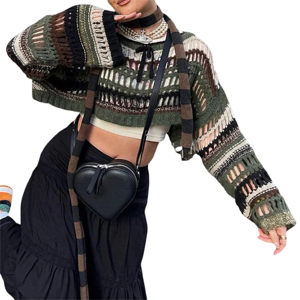 Women Crochet Shrug Sweater Fashion Hollowed Contrast Color Loose Knitted Top Grunge Crewneck Long Sleeve Pullovers Streetwear