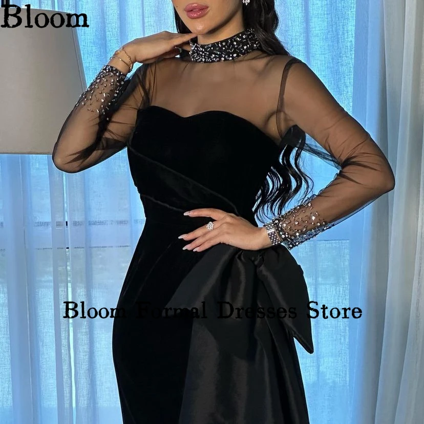 Bloom High Neck Velvet Prom Dresses Beads Long Sleeves Bow Elegant Black Evening Dresses Wedding Party Gown vestidos de gala