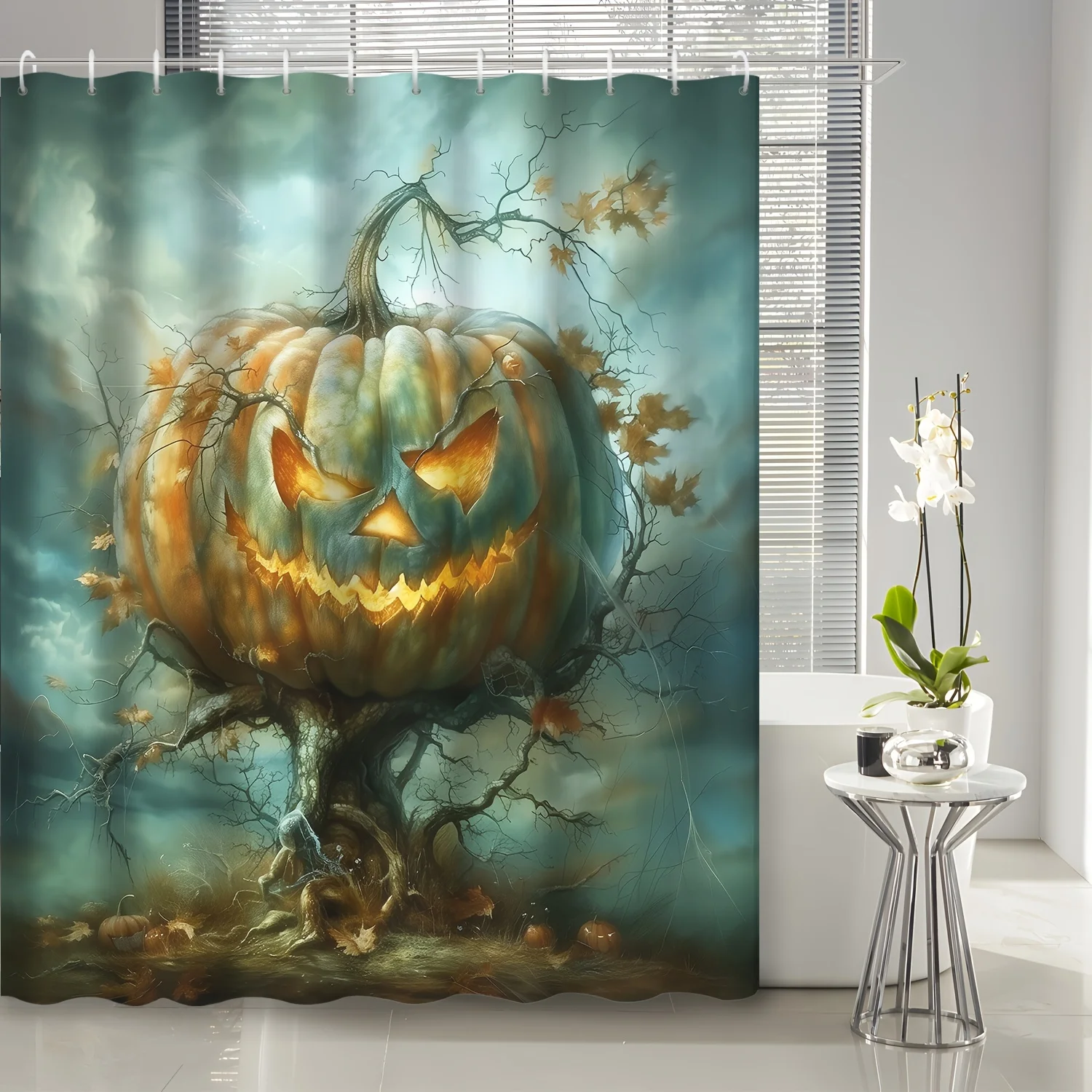 

1pc Halloween gift creative abstract huge pumpkin lamp dead tree and branch shower curtain, bathroom decoration, including