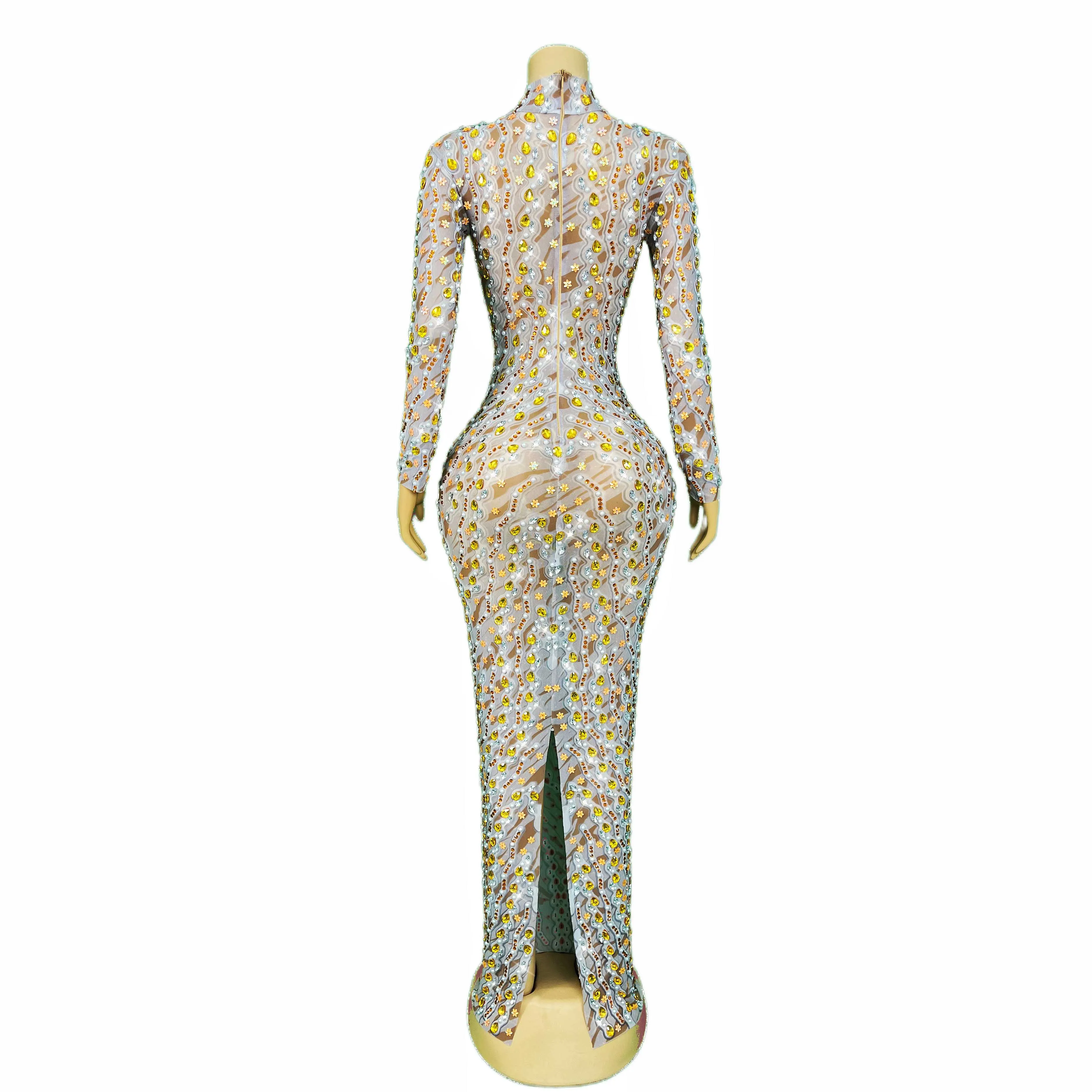 Colorful Rhinestones Sequins Flowers Dress Sexy Transparent Outfit Dance Stage Show Nightclub Women Costume Party Wear xuehuawen