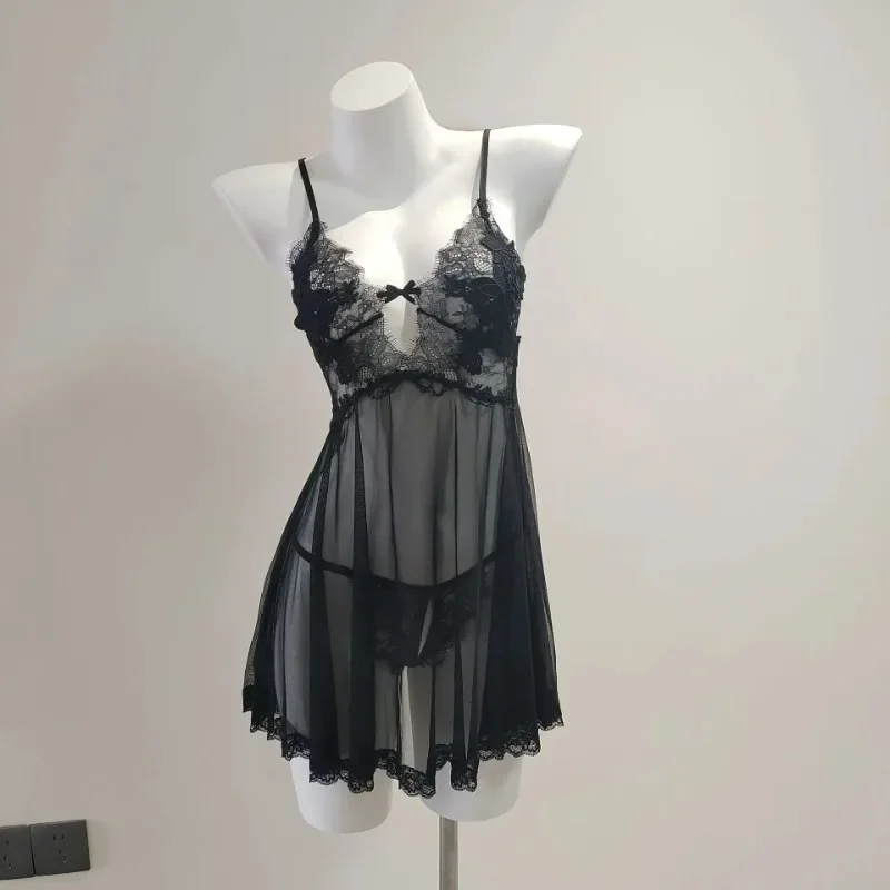 

Французская сексуальная пижама, ночная рубашка с трусиками, кружевная вышивка, сетка, прозрачный комплект нижнего белья с цветочным принтом, ультратонкая одежда с v-образным вырезом 2025