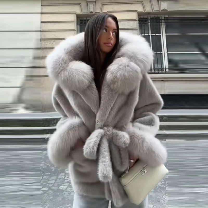 معطف نسائي أنيق فاخر من الفرو الصناعي مقاس كبير للخريف والشتاء بسيط من القطيفة الناعمة السميكة الدافئة سترة جديدة متعددة الاستخدامات ملابس الخصر المقسى #1