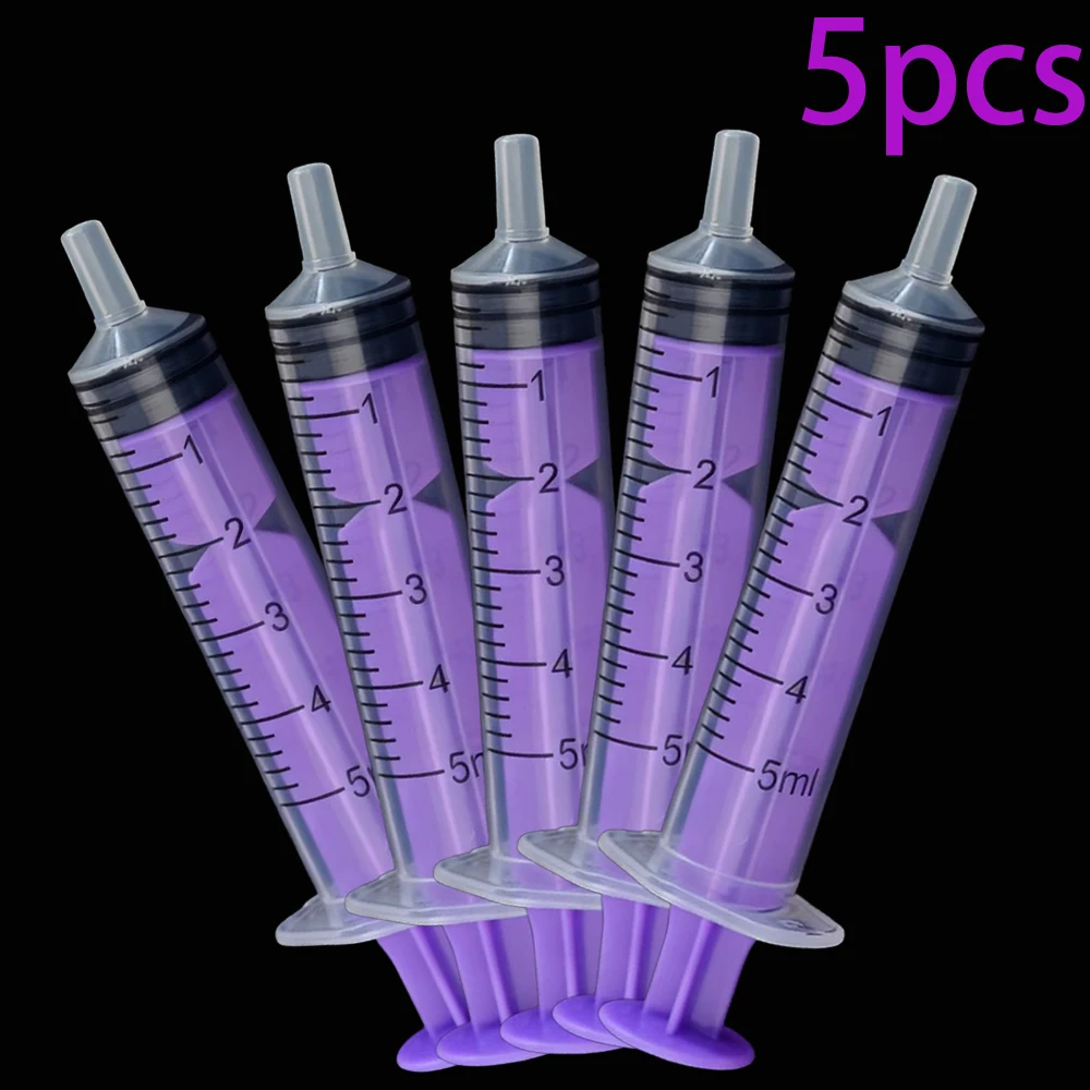 6 stuks gekleurde spuiten van 5 ml, gebruikt voor het doseren en meten van lijm, het voeren van huisdieren, het voeren van vogels, het bijvullen van inktpennen, enz., in geel, blauw, paars, groen,