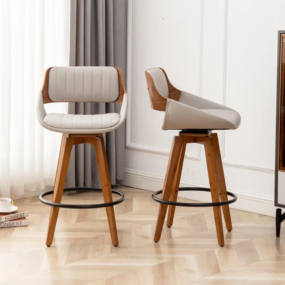 

Swivel Bar Stools Set of 2 Mid Century Modern Faux Leather Upholstered Bar Height Barstools,Kitchen Island Wooden Bar Chairs