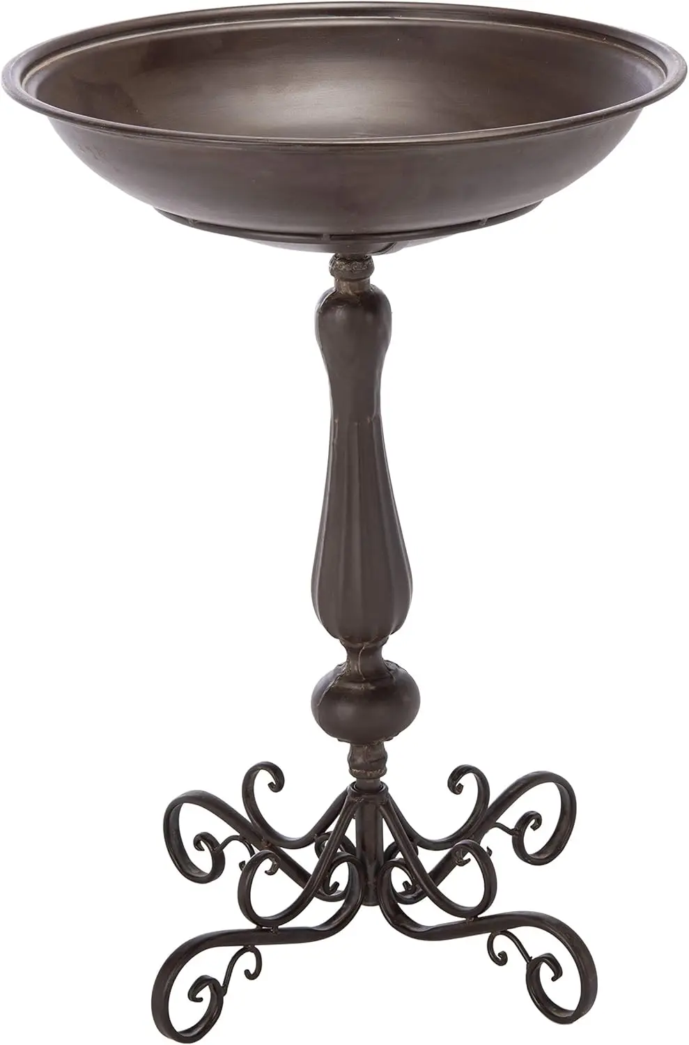 Wiktoriańska żelazna fontanna dla ptaków w stylu scroll z rustykalnym brązowym wykończeniem, idealna do dekoracji patio i ogrodu.