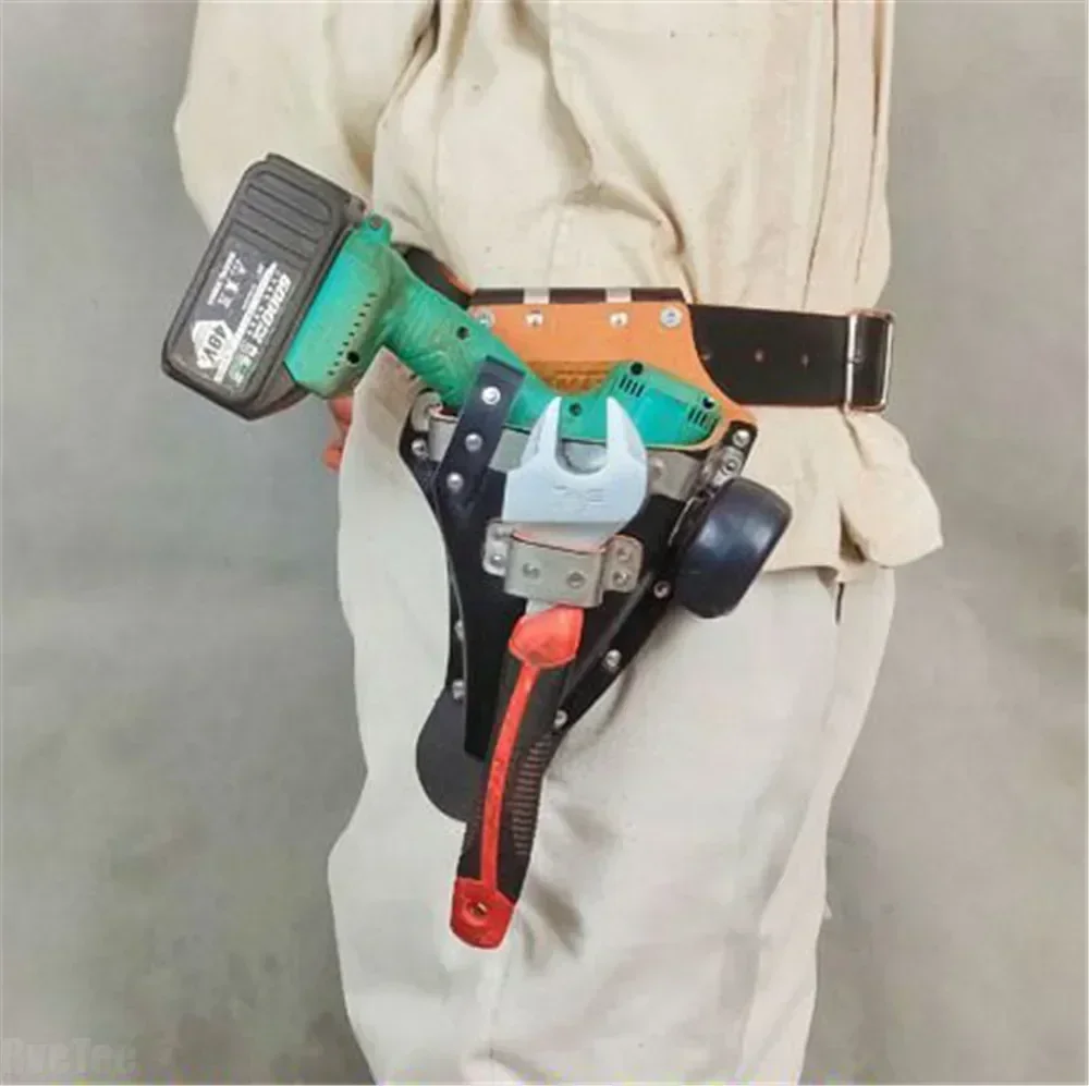 

2025 New High Quality Portable Leather Metal Electrical Drill Belt Bag Cowhide Tool Bags for Hammer Tape Measure Electric Wrench