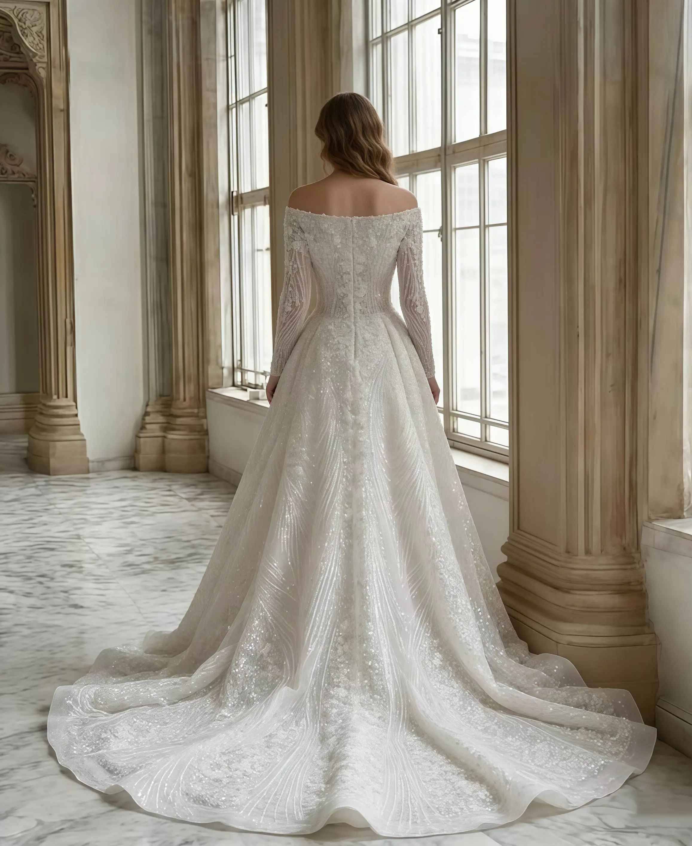 Custom Luxury Square Neck Long Sleeve Beaded Ball Gown Wedding Dress 2026 Cathedral Train Bridal Gown Plus Size Vestido De Novia