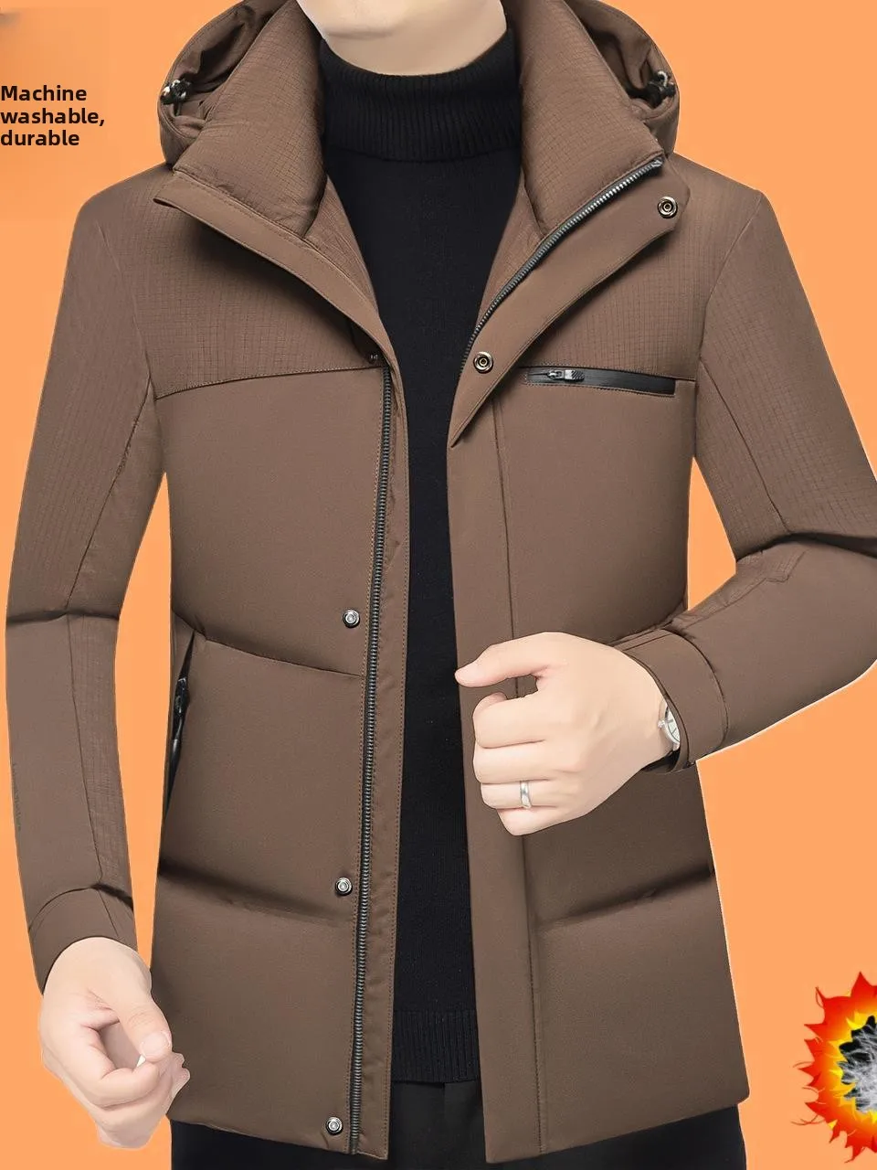 

Ultra-Thiened Mid-Length down Jaet with Hat for Men Winter Youth Slim Fit Super Warm Casual Sle Polyester Fiber Coat