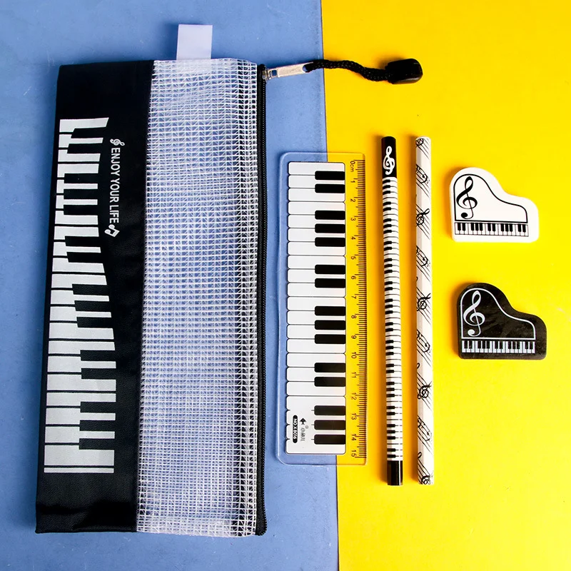 6-teiliges Set mit Musikthema, Klavier, Schreibwaren, Grundschule, Schüler, Auszeichnung, Geschenk, Lineal, Bleistift, Radiergummi, Bleistiftbeutel, Kunst, Schulbedarf