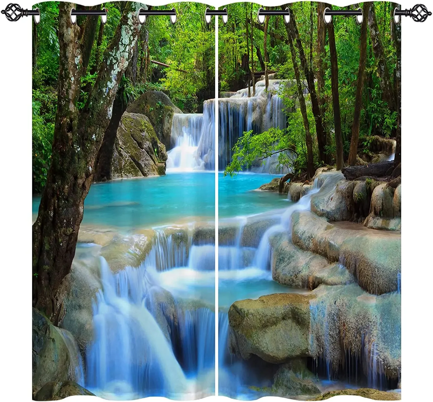 3D Digital Forest Tree Waterfall Landscape Curtains, Home Decor, Nature Scenery, Curtain Hook, Living Room, Bedroom