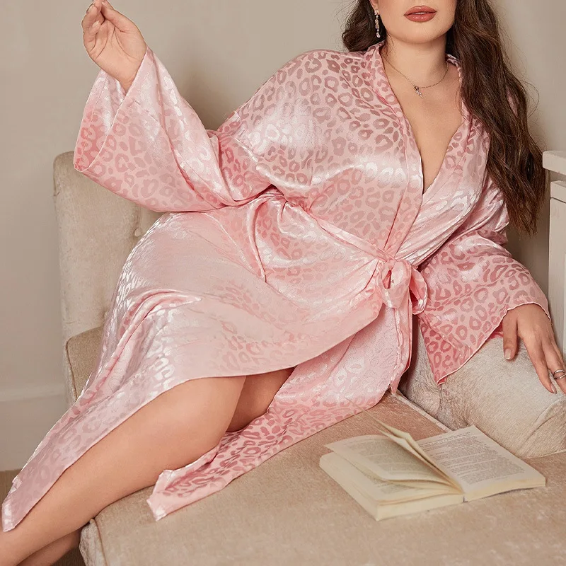 Sexy Simulation Silk Long Nightgown Casual Thin  Ice Silk Printed Homewear Pajamas Simple Cardigan Lace Up Bathrobe for Women's