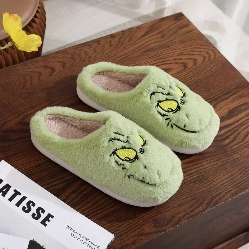 Christmas Plush Slippers Women Winter Warm Cute Home Green Haired Monster Slippers Funny Non Slip Cotten Shoes New Year Gift