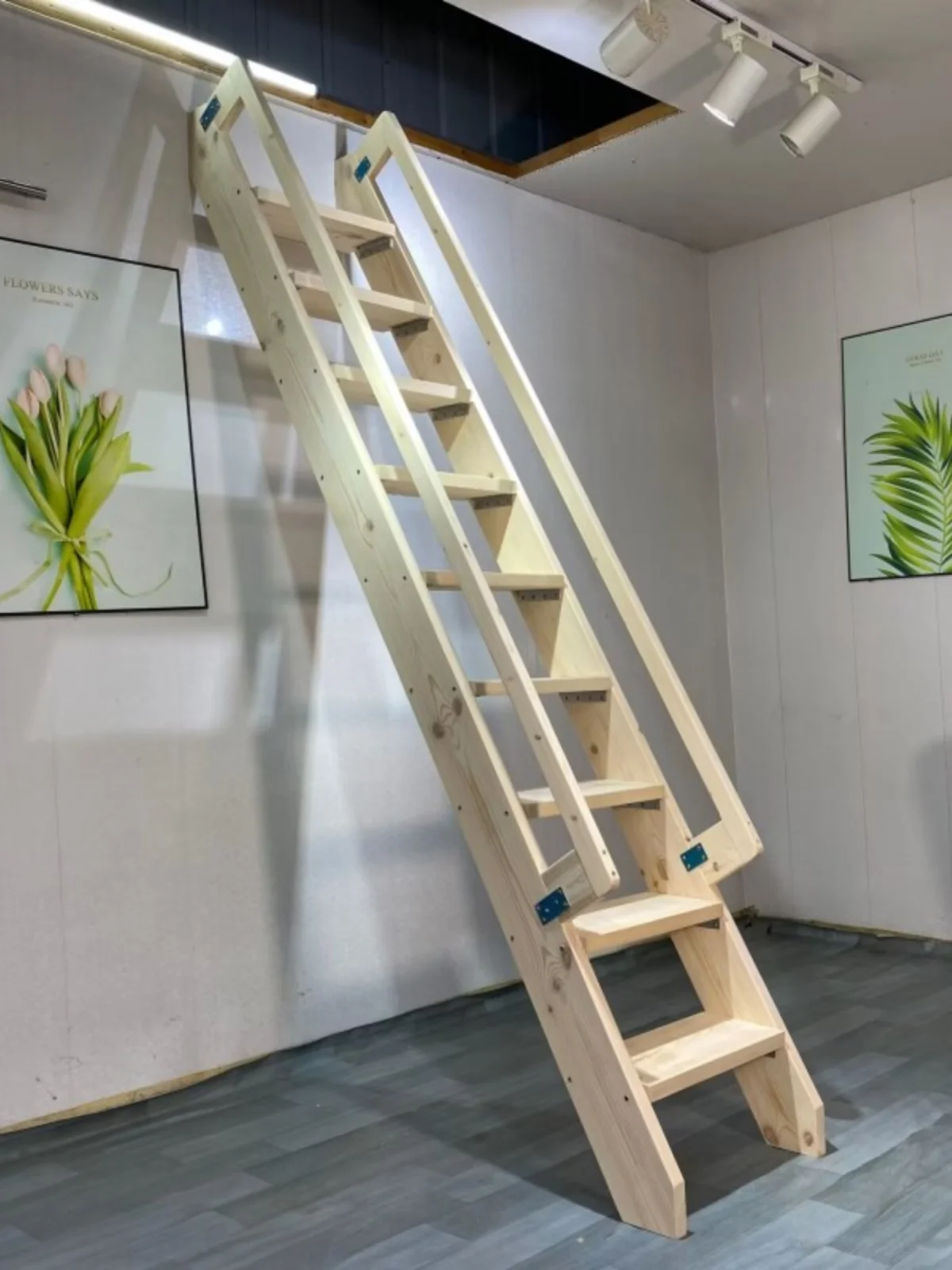 Solid wood loft staircase, ,duplex loft, home straight single bookshelf, handrail, simple indoor customized ladder