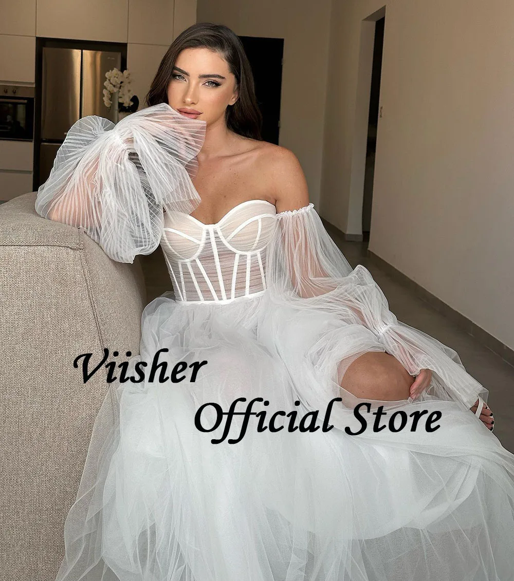 Viisher-White Tulle Boho Vestidos De Noiva, Espartilho Osso, Vestido De Noiva Querida Praia, 3/4 Perna Dividida, Vestidos De Casamento Boêmio