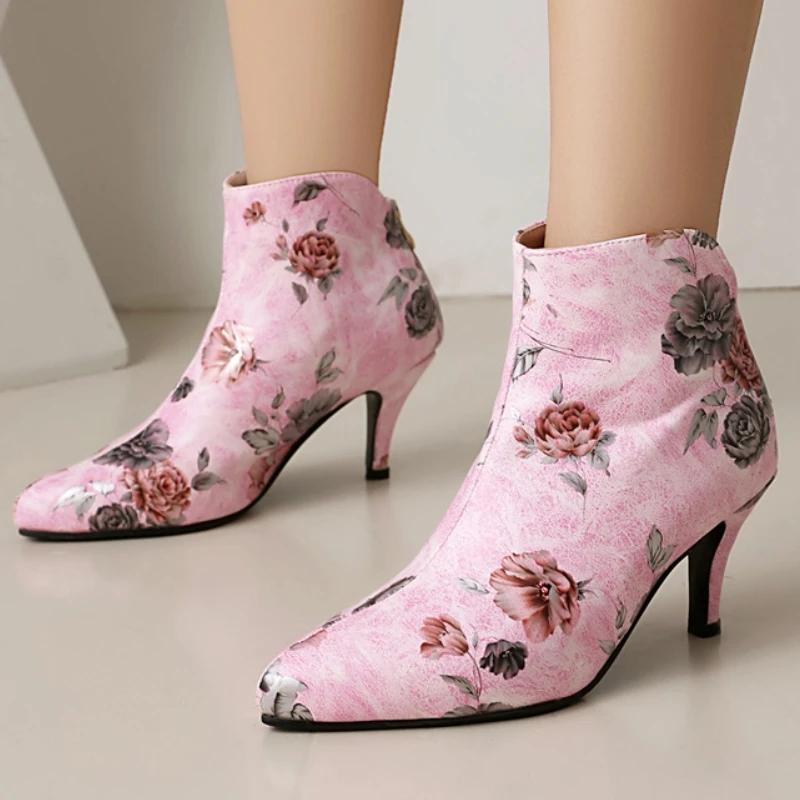 Flower Ankle Boots for Women High Heels Zipper Short Boot Black White Print PU Leather Party Dance Shoes Ladies Large Size 45