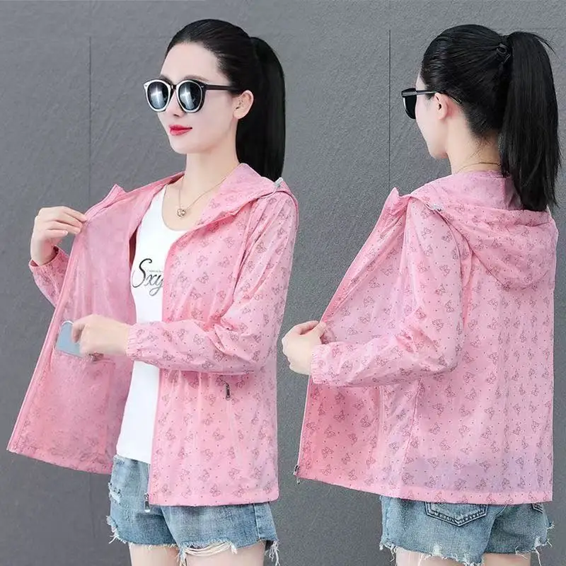 Summer Thin Sun Protective Clothing 2025 New Ultraviolet Protection Short Coats Butterfly Pattern Zipper Hooded Jackets Tops