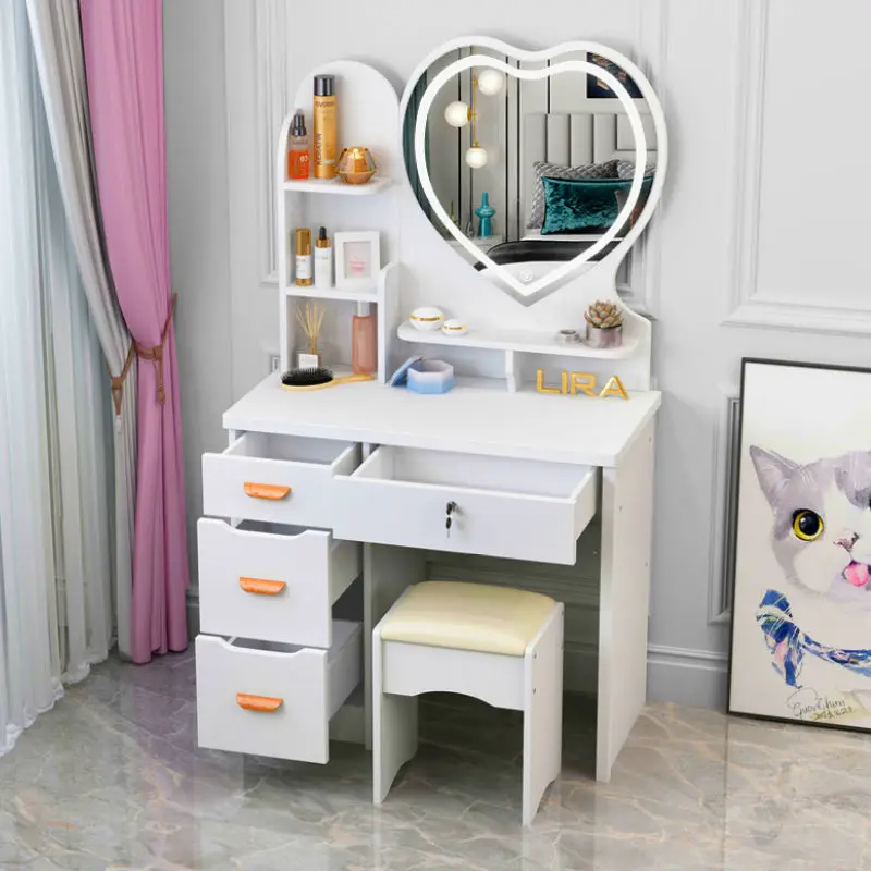 Makeup Table Furniture  Vanity Table with Drawers Mirrored Dresser Furniture Bedroom Modern Wooden vanity desk with light mirror