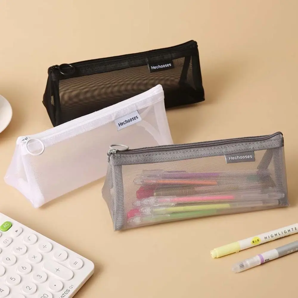 Casual Nylon Mesh Pencil Case Triangle Large Capacity Transparent Bills Bag Storage Bag Cosmetic Bag Zipper Stationery Bag Lady