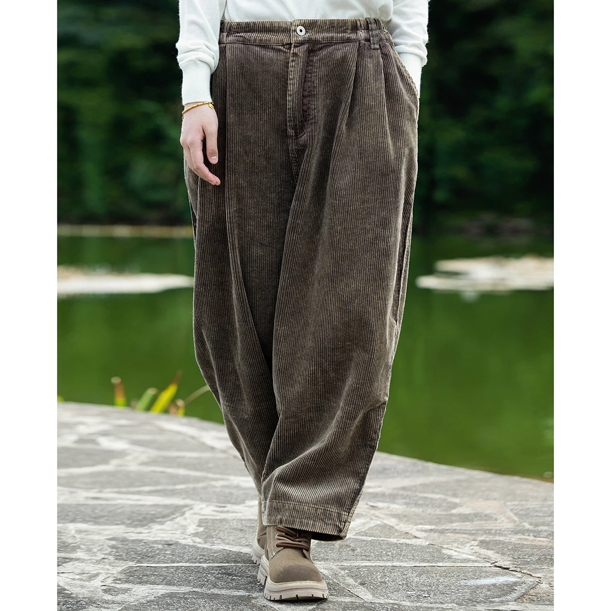 LZJN-Women's Corduroy Fabric Trouser, Simple, Artstic, All Matching, Carrot Cut, Monochromatic, Elegant Long Trousers, Autumn