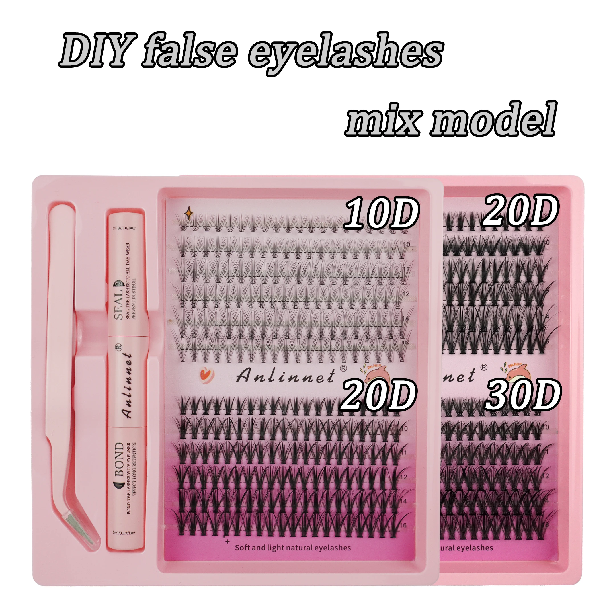 Wimpernbündel-Set, DIY-Wimpern, 8–15 mm, verlängertes Make-up, persönlicher Wimpernkleber + Verschlussschicht-Kleber + Wimpernpinzette